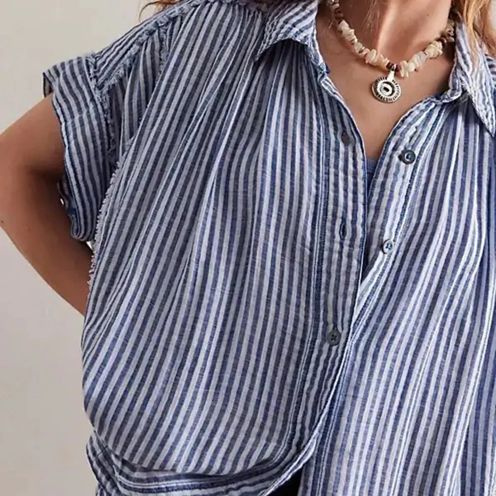 We The Free Sun Beams Indigo Stripe Shirt Size M |Free People Button Down Top - Picture 2 of 12